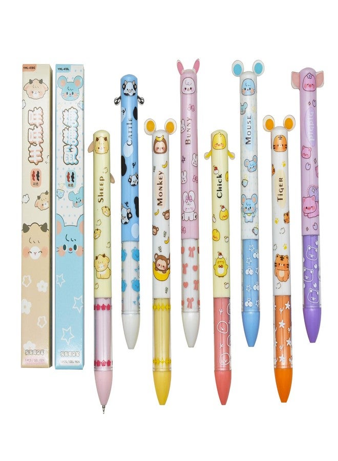 Maydahui 8 Pcs 2 Colors Cute Zodiac Animal Ears Pens Multicolor 2-in-1 Click Pen 0.5 mm Black Red Ink 8 Styles Kawaii Pig Mouse Chick Rabbit Cow Tiger Sheep Monkey Pens for Shcool Office Party Favors - Image 1