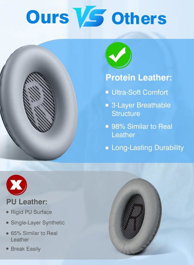 Link Dream Replacement Earpads for Bose Quiet Comfort 35 Replacemen Ear Cushions Kit by Soft Protein Leather for Bose QC 35/25 / 15 QC2 / Ae2 / Ae2i / Ae2W / Sound Link/Sound True (Grey) - Image 4