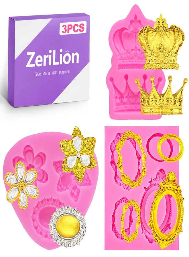 ZeriLion Baroque Fondant Molds Set - 3 Pcs with Crown, Vintage Photo Frame Shapes for Cake Decorating, Cupcake Toppers, Gum Paste, Chocolate, Candy, Polymer Clay Making - Image 1