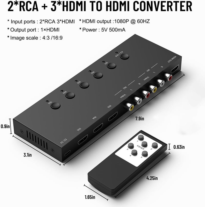 Ruipoo 5In to 1Out HDMI/AV Switch (2 AV Input+3 HDMI 2.0 Inputs) RCA to HDMI Converter for PS1/2/3/4/5, N64, SNES, Switch, DVD, Roku etc. - Image 4