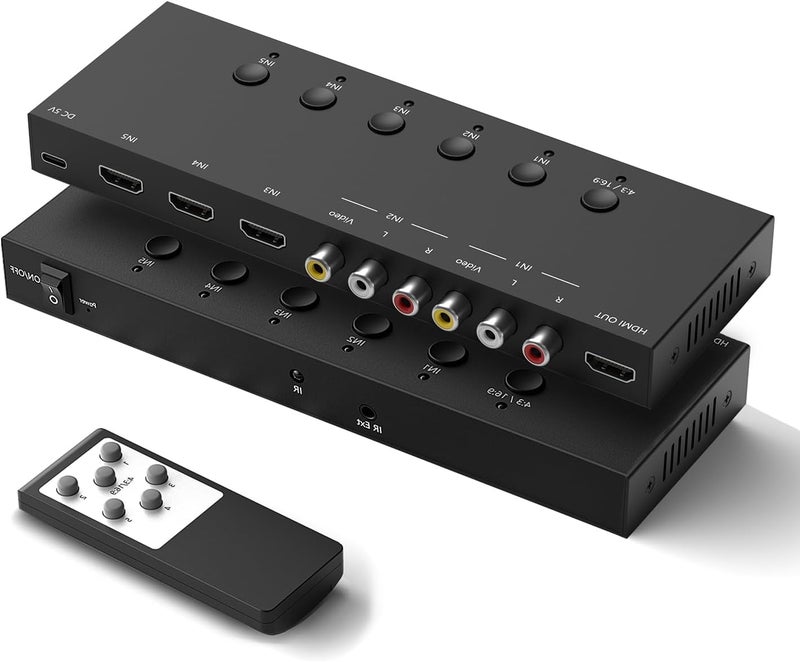 Ruipoo 5In to 1Out HDMI/AV Switch (2 AV Input+3 HDMI 2.0 Inputs) RCA to HDMI Converter for PS1/2/3/4/5, N64, SNES, Switch, DVD, Roku etc. - Image 1