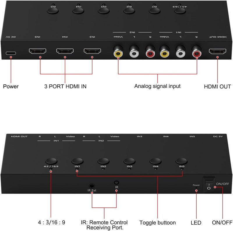 Ruipoo 5In to 1Out HDMI/AV Switch (2 AV Input+3 HDMI 2.0 Inputs) RCA to HDMI Converter for PS1/2/3/4/5, N64, SNES, Switch, DVD, Roku etc. - Image 2