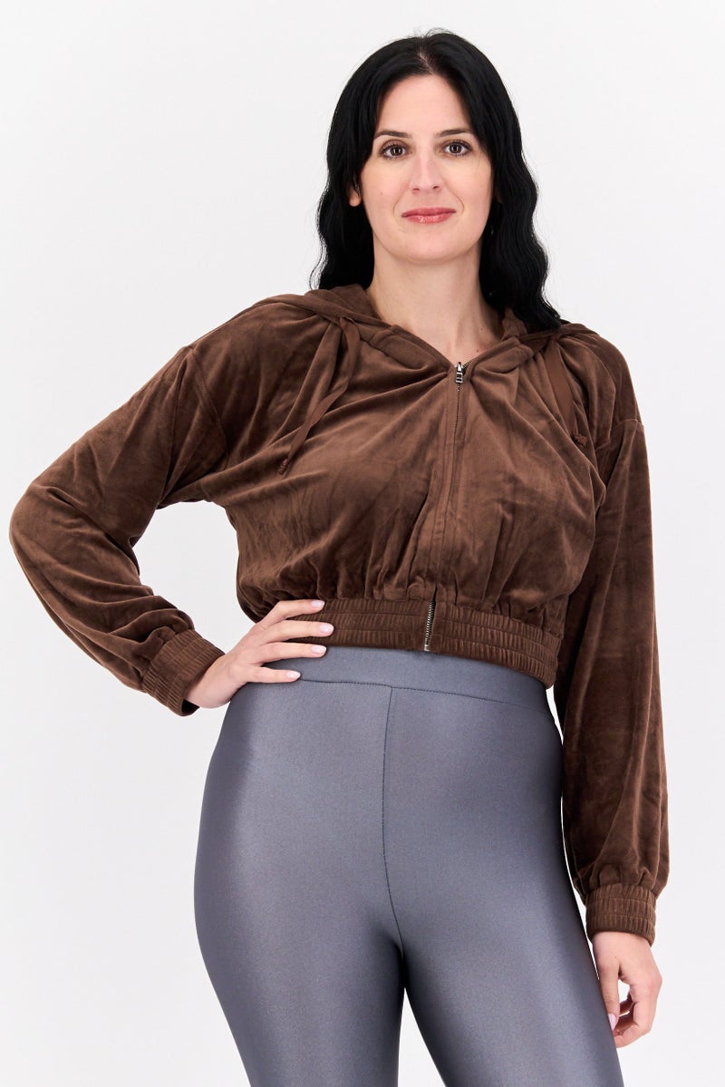 NIA Women Velvet Full Zip Hooded Sweatshirt, Dark Brown - Image 1