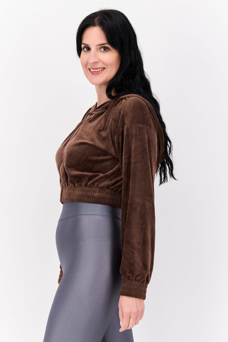 NIA Women Velvet Full Zip Hooded Sweatshirt, Dark Brown - Image 2