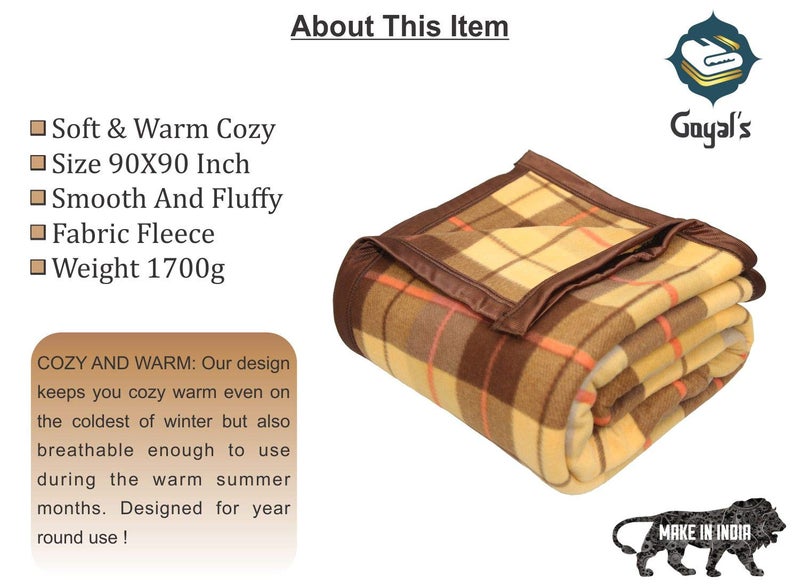 Goyal's Modern Check All Season Polar Fleece Double Bed Blanket 500TC, 90x90 Inches - Golden Brown - Image 3