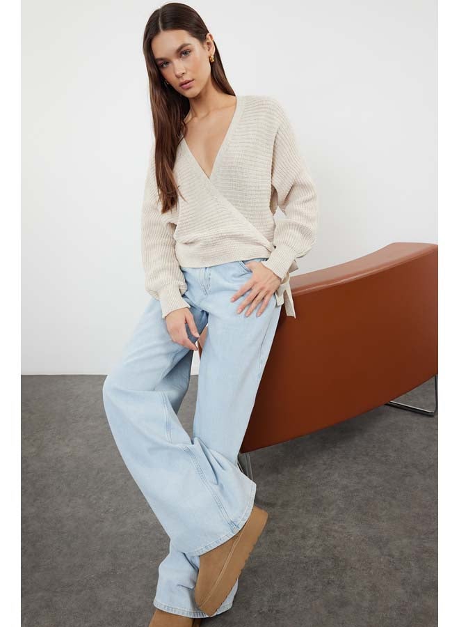 trendyol Stone Double Breasted Crop Knit Sweater TWOAW24KZ00865  - Image 1