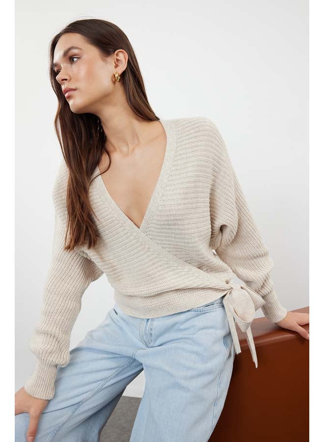 trendyol Stone Double Breasted Crop Knit Sweater TWOAW24KZ00865  - Image 2