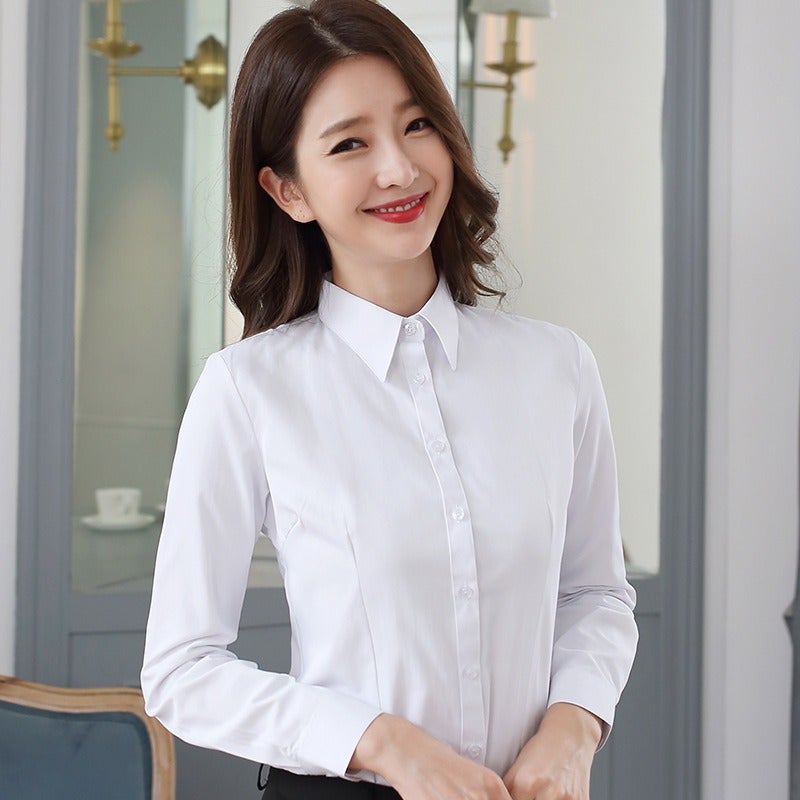 Cai Yi Women's White Long-Sleeve Office Shirt - Autumn Winter Business Blouse, Slim Fit, V-Neck, Solid Color Workwear - Image 1