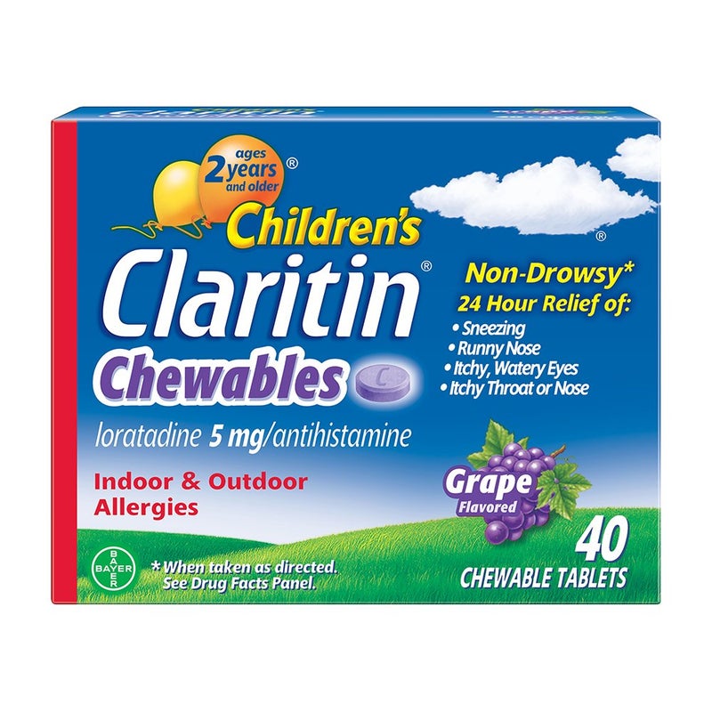 Claritin كلاريتين مضغوطات للأطفال 24 ساعة تخفيف الحساسية، دواء حساسية للأطفال غير مسبب للنعاس، أقراص مضغوطة بنكهة العنب، للأطفال من عمر 2 سنة وما فوق، 40 حبة - Image 1