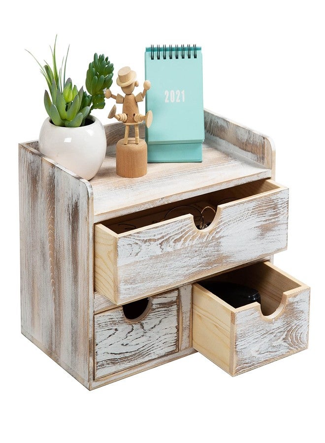 VERGOODR Rustic Distressed white 3-Tier Wood Desk Organizer with 3 Drawers Mini Storage Shelf For Desk, Toiletries Vanity Office Supplies (Vintage white) - Image 1