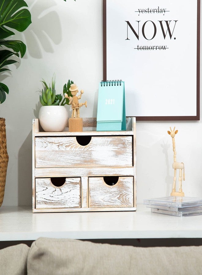 VERGOODR Rustic Distressed white 3-Tier Wood Desk Organizer with 3 Drawers Mini Storage Shelf For Desk, Toiletries Vanity Office Supplies (Vintage white) - Image 4