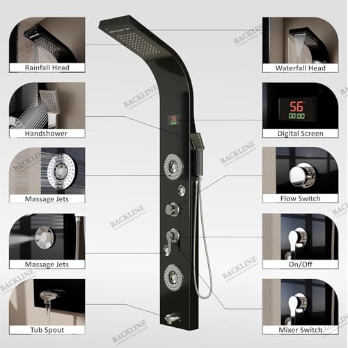 B BACKLINE Backline Stainless Steel 304 Grade Shower Panel For Bathroom 6 in 1 Shower With LED Rainfall Shower Panel | Body Massage | Overhead Shower | Body Jet | Hand Shower (Black Mirror Finish) - Image 5