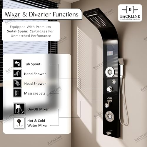 B BACKLINE Backline Stainless Steel 304 Grade Shower Panel For Bathroom 6 in 1 Shower With LED Rainfall Shower Panel | Body Massage | Overhead Shower | Body Jet | Hand Shower (Black Mirror Finish) - Image 4