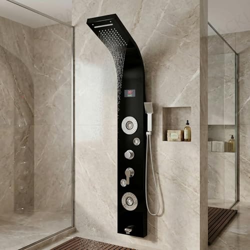 B BACKLINE Backline Stainless Steel 304 Grade Shower Panel For Bathroom 6 in 1 Shower With LED Rainfall Shower Panel | Body Massage | Overhead Shower | Body Jet | Hand Shower (Black Mirror Finish) - Image 1