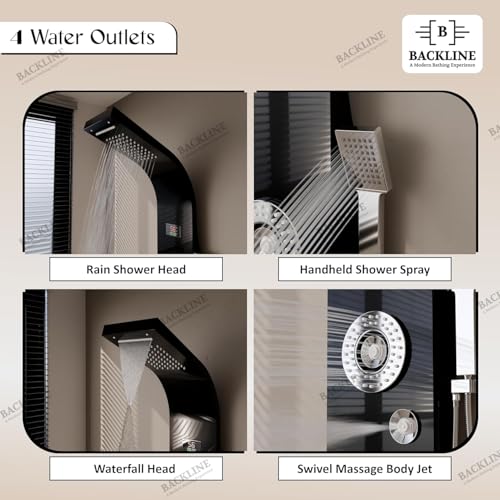 B BACKLINE Backline Stainless Steel 304 Grade Shower Panel For Bathroom 6 in 1 Shower With LED Rainfall Shower Panel | Body Massage | Overhead Shower | Body Jet | Hand Shower (Black Mirror Finish) - Image 3