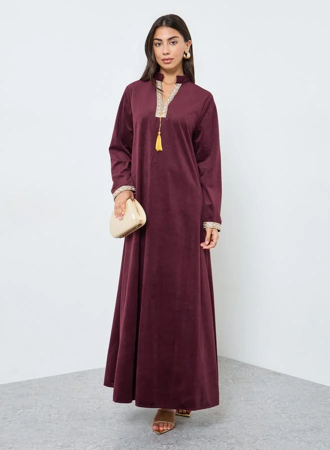 Amirah Velvet Look Jalabiya with Lace Trim