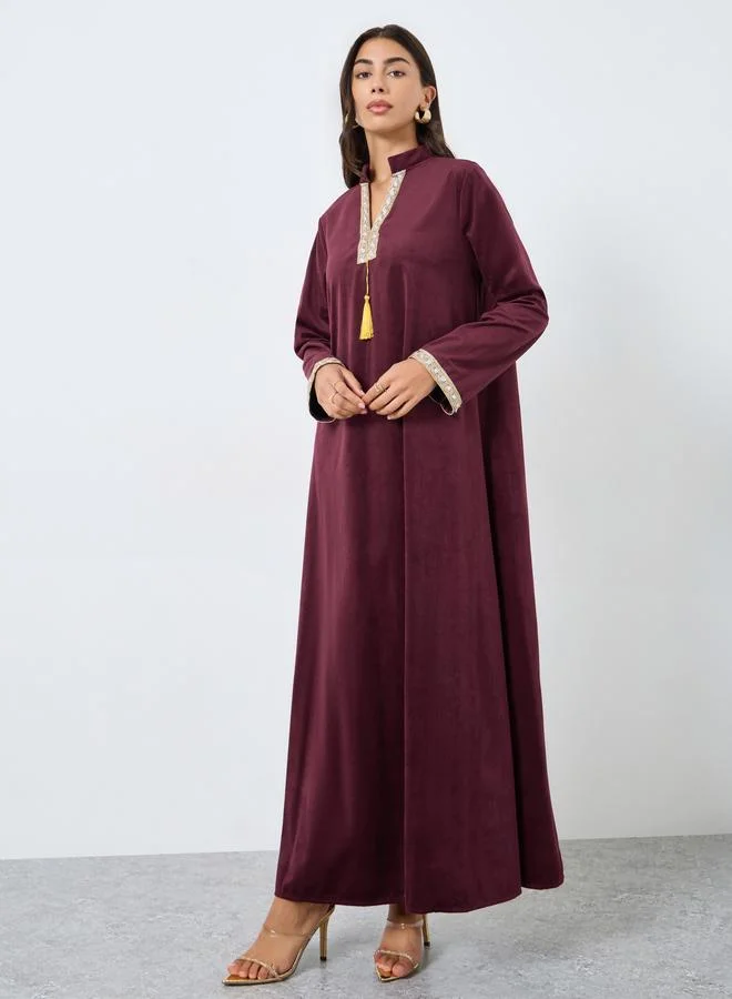 Amirah Velvet Look Jalabiya with Lace Trim