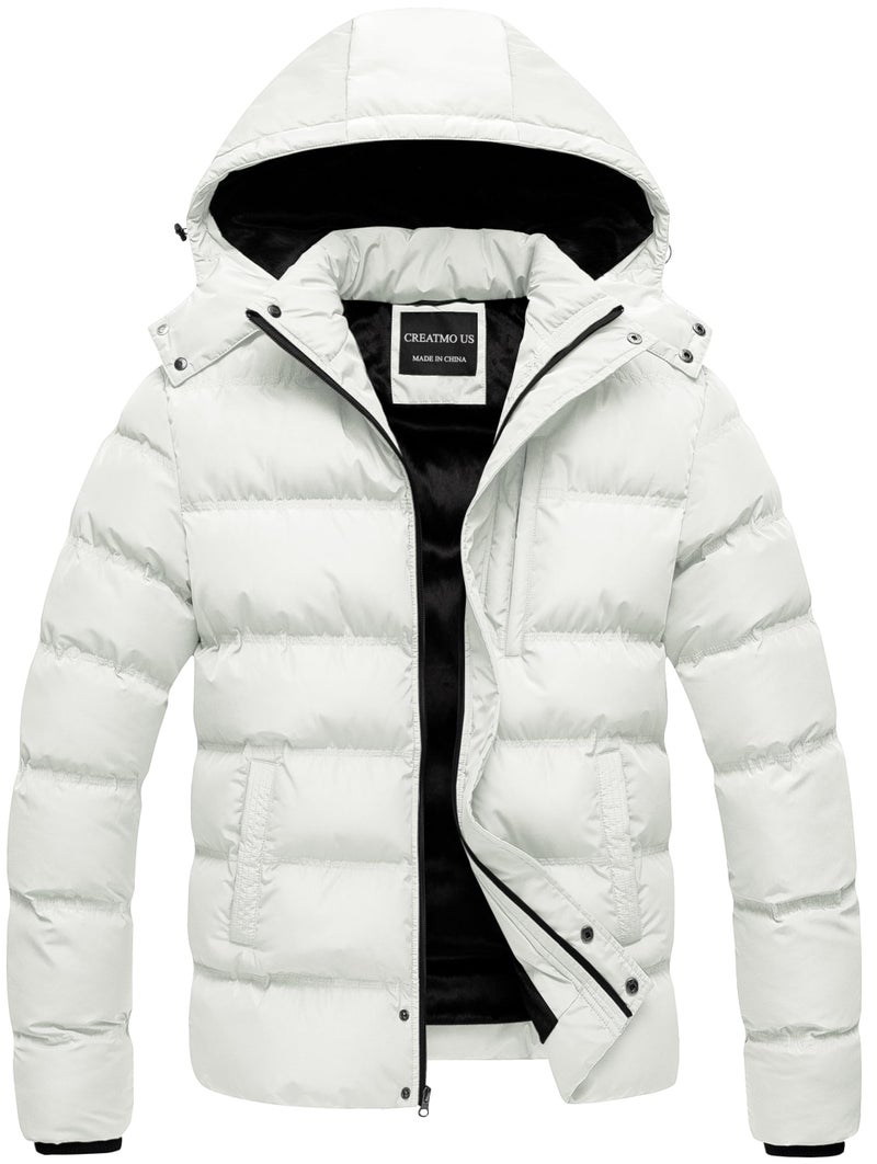 CREATMO US Puffy Jackets For Men Mens Winter Coat With Hood Bubble Puffer Ski Men's Jacket Water-Resistant Insulated Down Alternative Outerwear Coats White XL - Image 1
