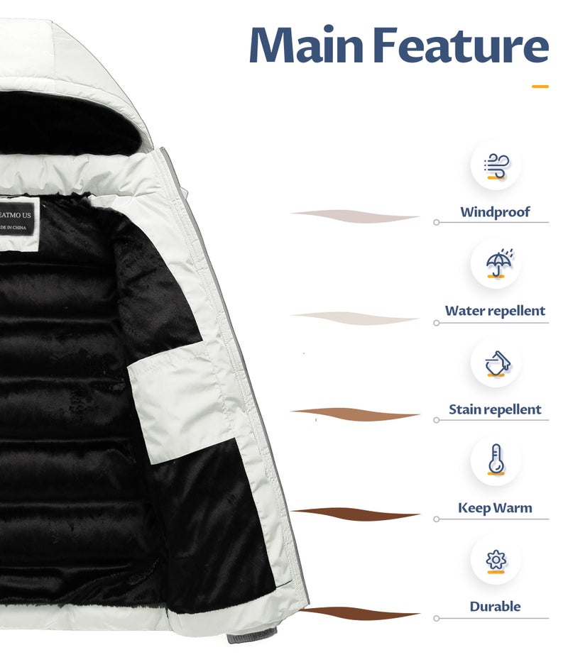 CREATMO US Puffy Jackets For Men Mens Winter Coat With Hood Bubble Puffer Ski Men's Jacket Water-Resistant Insulated Down Alternative Outerwear Coats White XL - Image 3