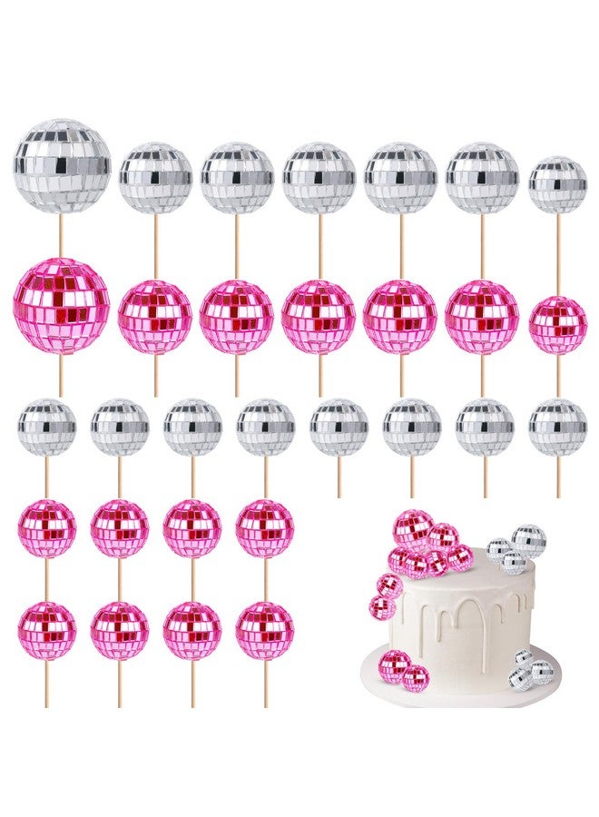 PEUTIER 30pcs Disco Ball Cupcake Toppers, 70s Retro Cake Decorations with Stick Shiny Mini Disco Ball Picks Disco Theme Party Supplies for Dessert Birthday Decorations Ornament Small (Pink, Silver)  - Image 1