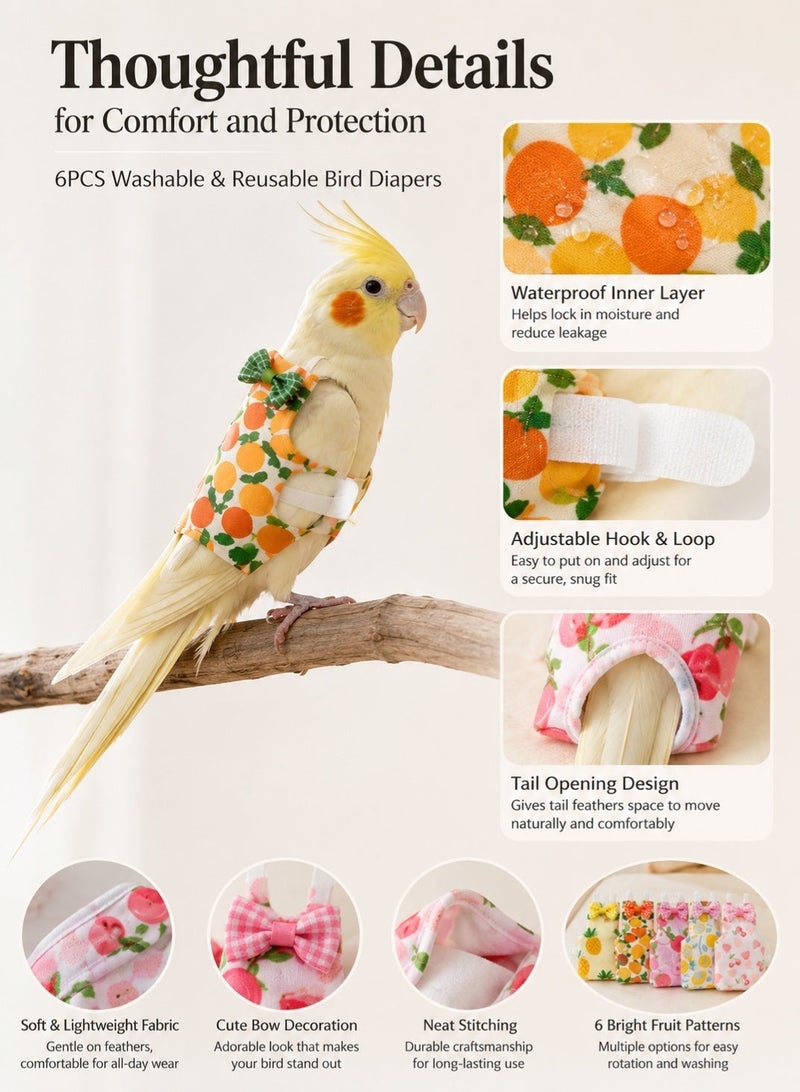 Sisily 6Pieces Bird Diapers, Washable Reusable Parrot Nappies with Waterproof Inner Lining, Soft Adjustable Flight Suits, Large 11 x 6.9 cm for Cockatiel and Monk Parakeet, Fruit Prints - Image 5