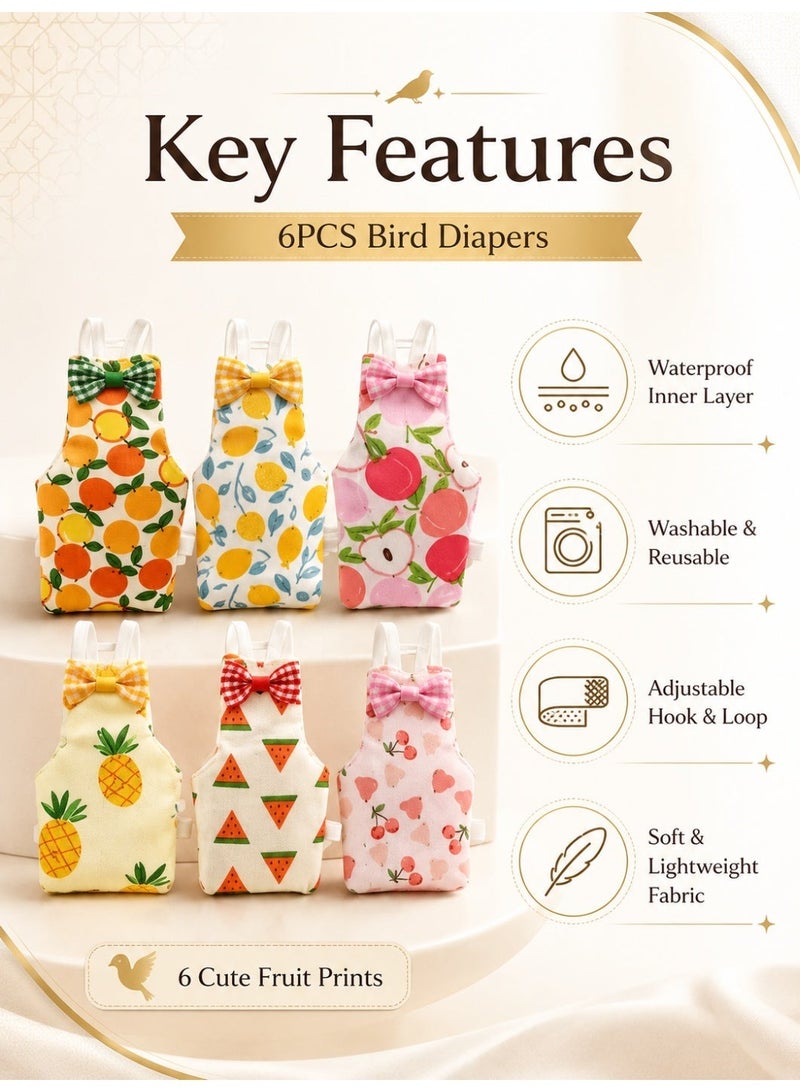 Sisily 6Pieces Bird Diapers, Washable Reusable Parrot Nappies with Waterproof Inner Lining, Soft Adjustable Flight Suits, Large 11 x 6.9 cm for Cockatiel and Monk Parakeet, Fruit Prints - Image 2