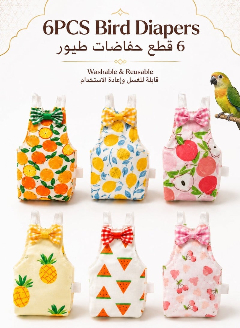Sisily 6Pieces Bird Diapers, Washable Reusable Parrot Nappies with Waterproof Inner Lining, Soft Adjustable Flight Suits, Large 11 x 6.9 cm for Cockatiel and Monk Parakeet, Fruit Prints - Image 1