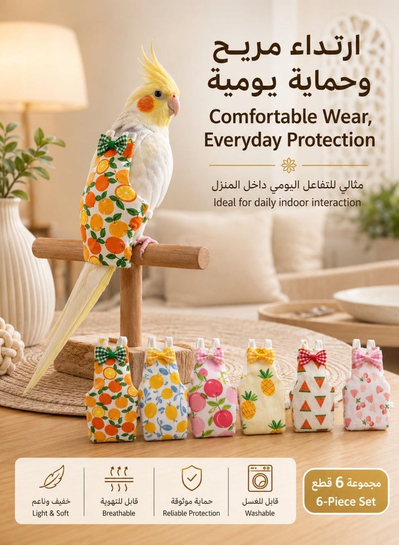 Sisily 6Pieces Bird Diapers, Washable Reusable Parrot Nappies with Waterproof Inner Lining, Soft Adjustable Flight Suits, Large 11 x 6.9 cm for Cockatiel and Monk Parakeet, Fruit Prints - Image 4
