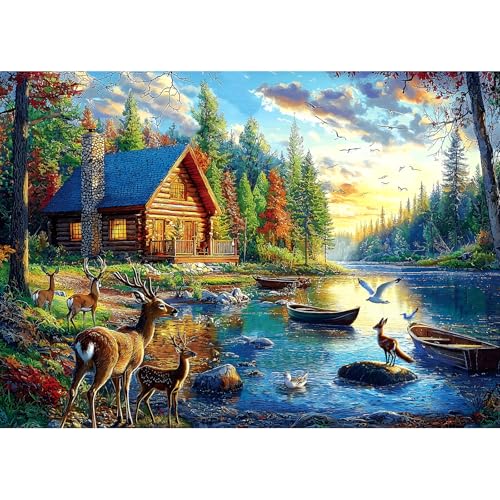 Blueforest 1000 Piece Jigsaw Puzzle for Adults Lake Lodge Elk Landscape Hard Challenging Puzzle Perfect for Game Nights Family - Image 1