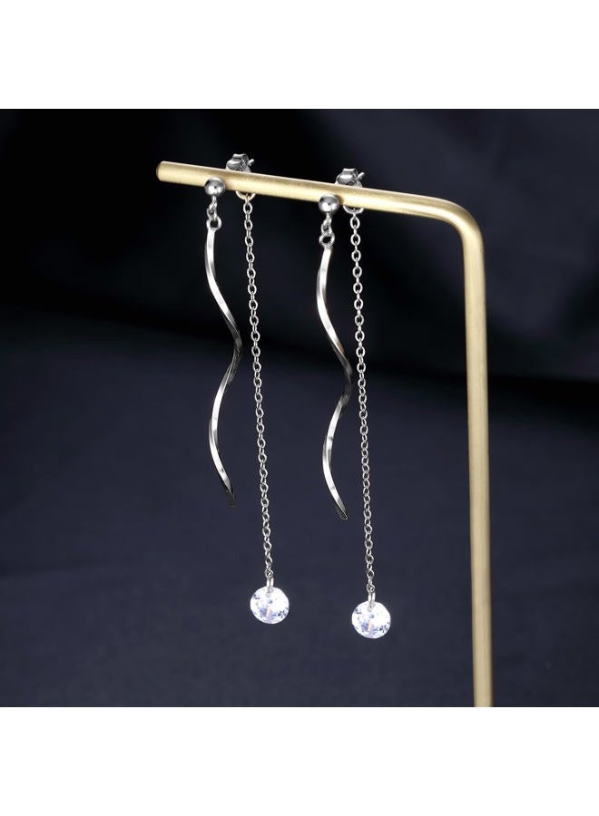 SLUYNZ 925 Sterling Silver CZ Droplet Dangle Earrings Chain for Women Teen Girls Long Dangle Earrings Curved Tassel (A-Silver) - Image 4