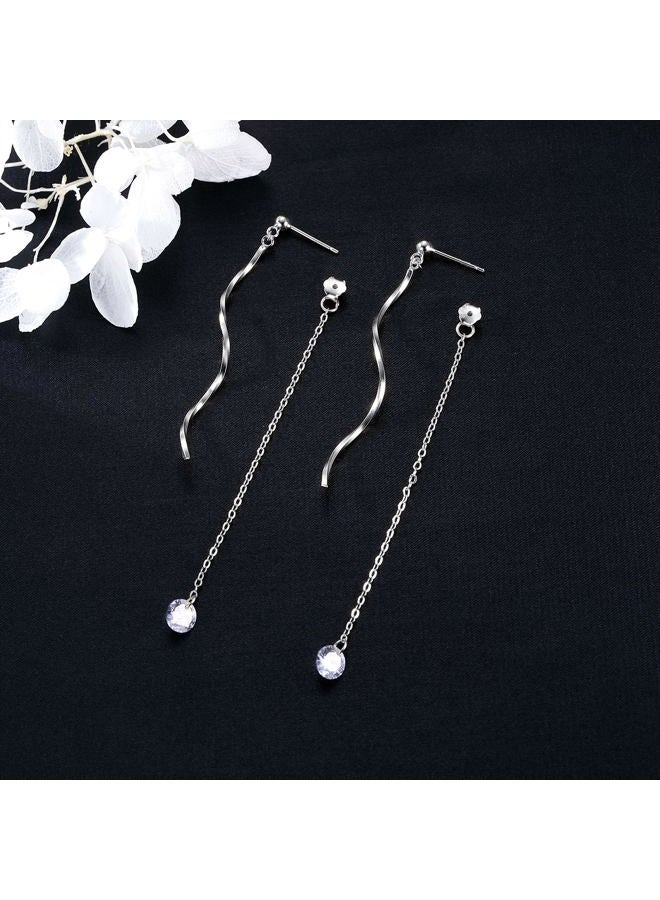 SLUYNZ 925 Sterling Silver CZ Droplet Dangle Earrings Chain for Women Teen Girls Long Dangle Earrings Curved Tassel (A-Silver) - Image 5