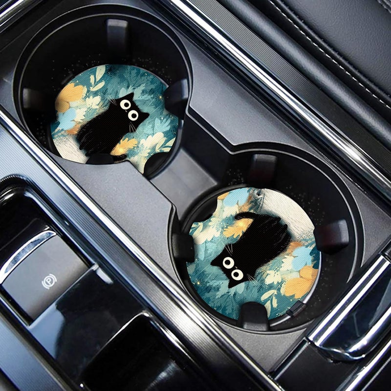 WOCOCN Cute Cup Holder Coasters for Your Car with Fingertip Grip, Auto Accessories for Women & Men,Pack of 2 (Cute Black Cat) - Image 1