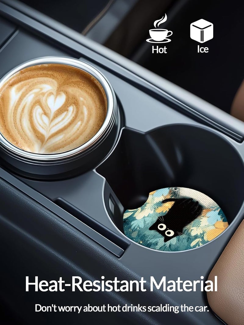 WOCOCN Cute Cup Holder Coasters for Your Car with Fingertip Grip, Auto Accessories for Women & Men,Pack of 2 (Cute Black Cat) - Image 3