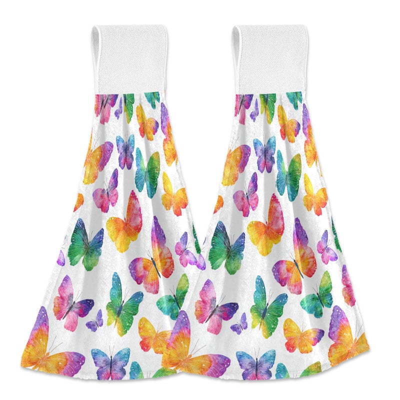 Aslsiy Butterfly Kitchen Towels Spring Hand Tie Towel Fast Drying Hanging Dish Tea Towels for Bath Tabletop Gym Home Decor Set of 2