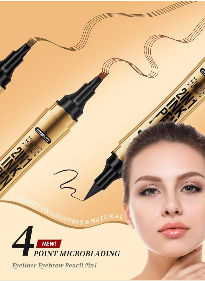 HelloKiss - Brow and Line 2in1 Ink Pen for Eyebrow and Eyeliner Pen Waterproof Eyeliner Pencil 3D Microblading Eyebrow Tattoo Pencil 4 Fork Tip with Eyeliner Dark Brown Eyebrow and Black Eyeliner Pencil 02 - Image 1