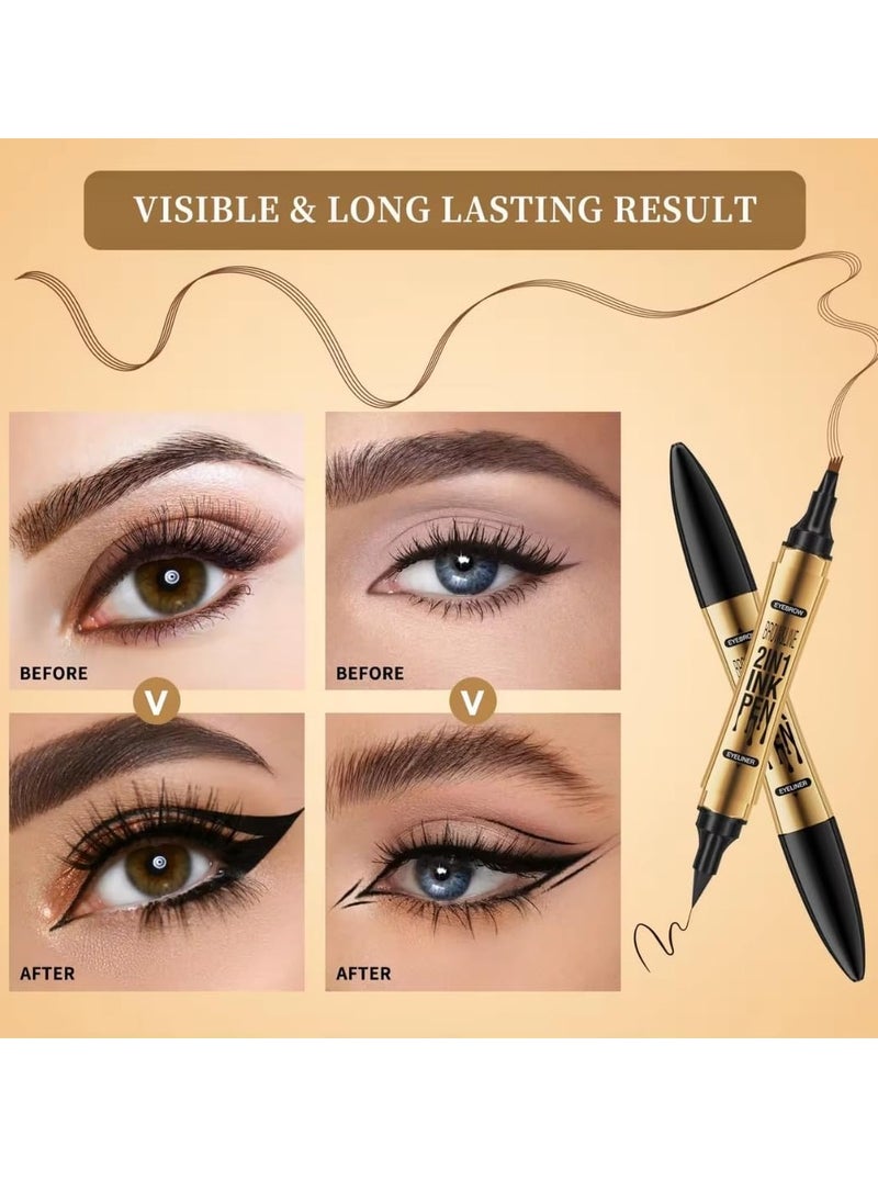 HelloKiss - Brow and Line 2in1 Ink Pen for Eyebrow and Eyeliner Pen Waterproof Eyeliner Pencil 3D Microblading Eyebrow Tattoo Pencil 4 Fork Tip with Eyeliner Dark Brown Eyebrow and Black Eyeliner Pencil 02 - Image 1
