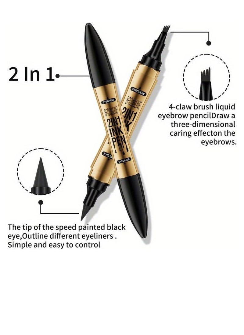 HelloKiss - Brow and Line 2in1 Ink Pen for Eyebrow and Eyeliner Pen Waterproof Eyeliner Pencil 3D Microblading Eyebrow Tattoo Pencil 4 Fork Tip with Eyeliner Dark Brown Eyebrow and Black Eyeliner Pencil 02 - Image 1