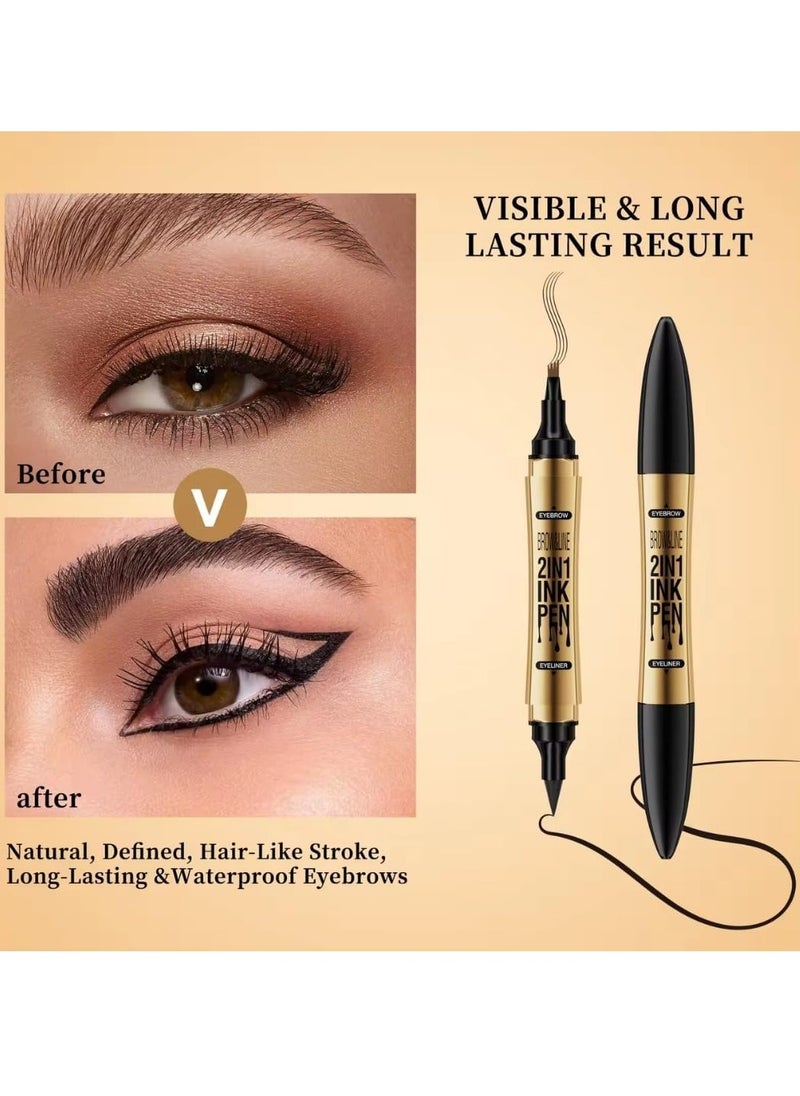 HelloKiss - Brow and Line 2in1 Ink Pen for Eyebrow and Eyeliner Pen Waterproof Eyeliner Pencil 3D Microblading Eyebrow Tattoo Pencil 4 Fork Tip with Eyeliner Dark Brown Eyebrow and Black Eyeliner Pencil 02 - Image 1