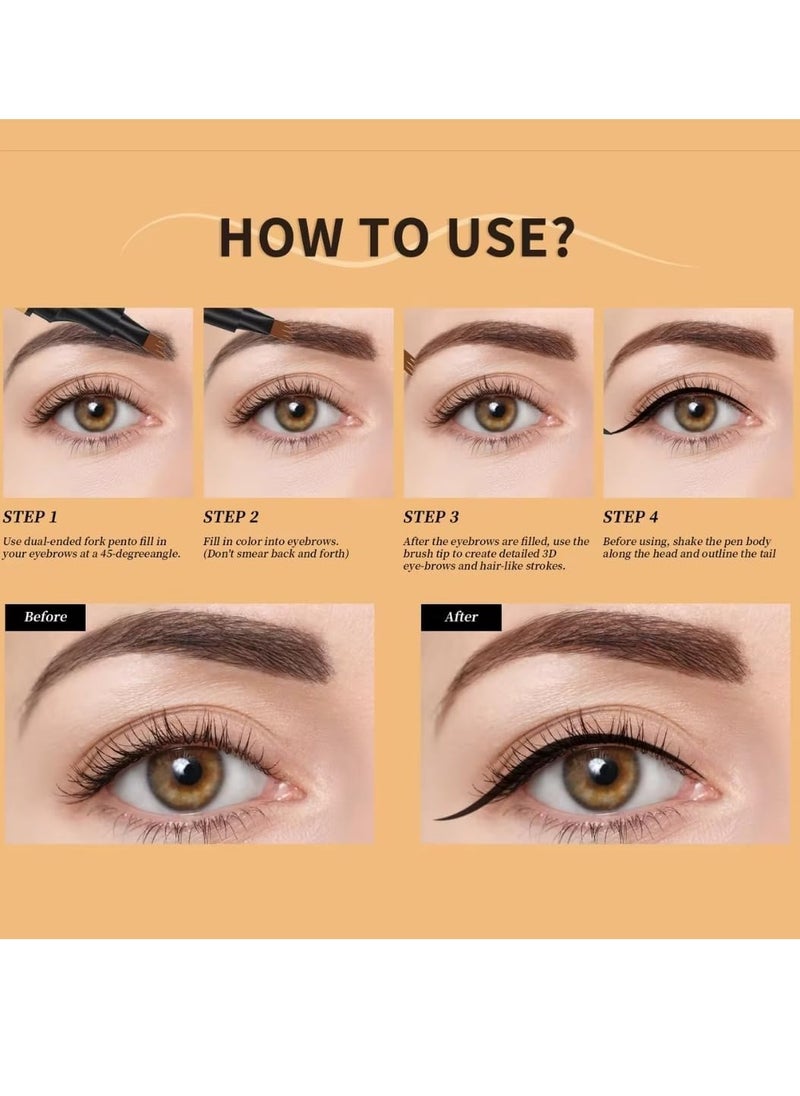 HelloKiss - Brow and Line 2in1 Ink Pen for Eyebrow and Eyeliner Pen Waterproof Eyeliner Pencil 3D Microblading Eyebrow Tattoo Pencil 4 Fork Tip with Eyeliner Dark Brown Eyebrow and Black Eyeliner Pencil 02 - Image 1