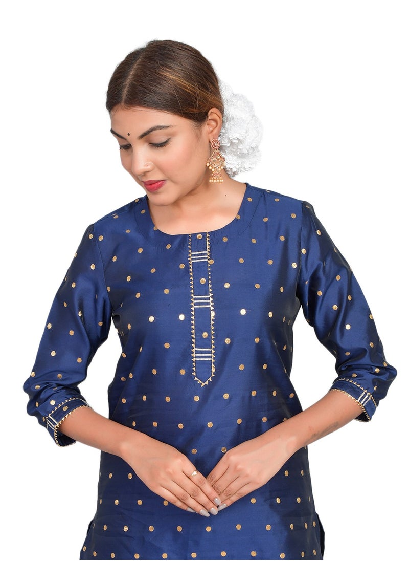 Riara - Women Navy Blue  Kurti with Pant  Set 3/4 Sleeves Suitable for Casual Wear and Fusion Wear Art Silk  (Taffeta Booty) Size XXL - Image 1