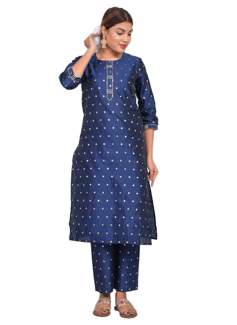 Riara - Women Navy Blue  Kurti with Pant  Set 3/4 Sleeves Suitable for Casual Wear and Fusion Wear Art Silk  (Taffeta Booty) Size XXL - Image 1