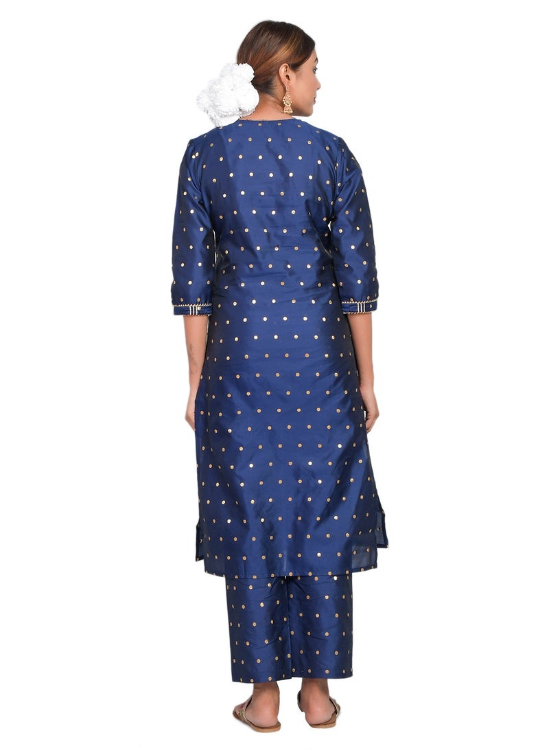 Riara - Women Navy Blue  Kurti with Pant  Set 3/4 Sleeves Suitable for Casual Wear and Fusion Wear Art Silk  (Taffeta Booty) Size XXL - Image 1