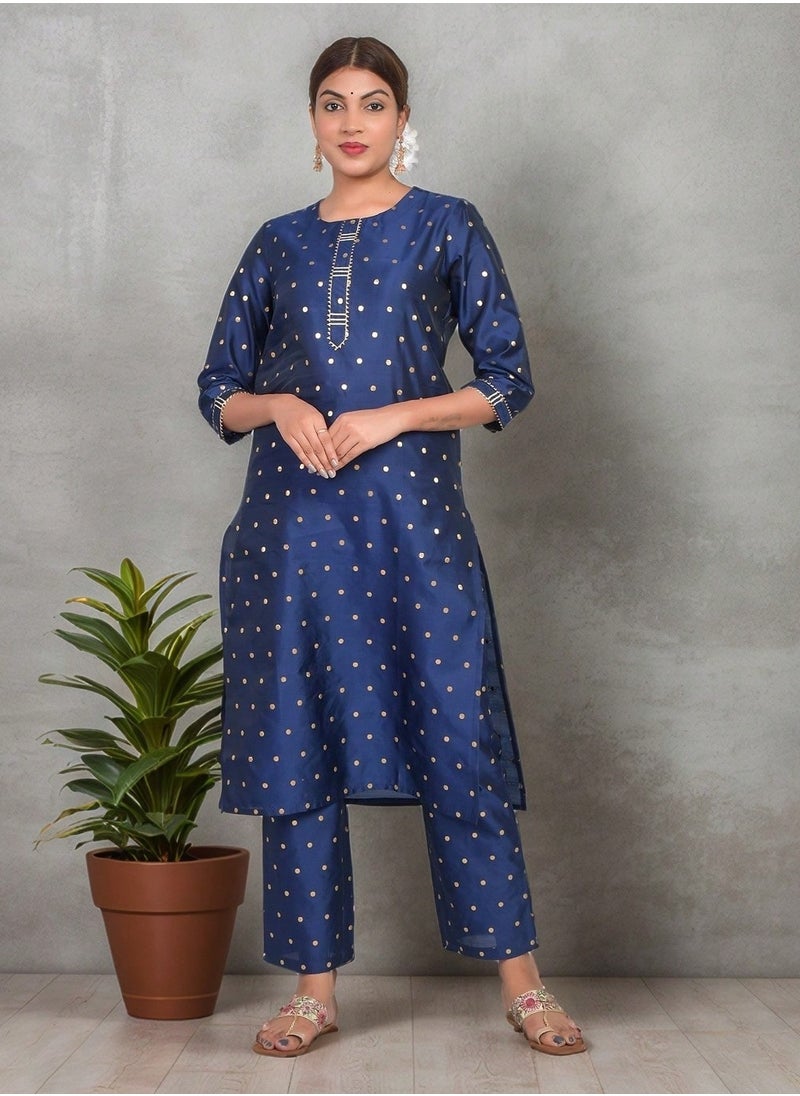 Riara - Women Navy Blue  Kurti with Pant  Set 3/4 Sleeves Suitable for Casual Wear and Fusion Wear Art Silk  (Taffeta Booty) Size XXL - Image 1