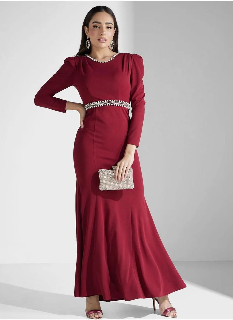 اكاديا فاشن Embellished Puff Sleeve Dress