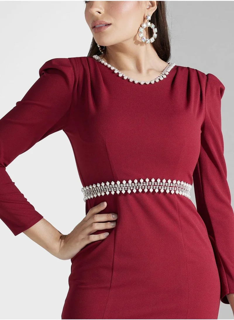 Akadia Fashion Embellished Puff Sleeve Dress