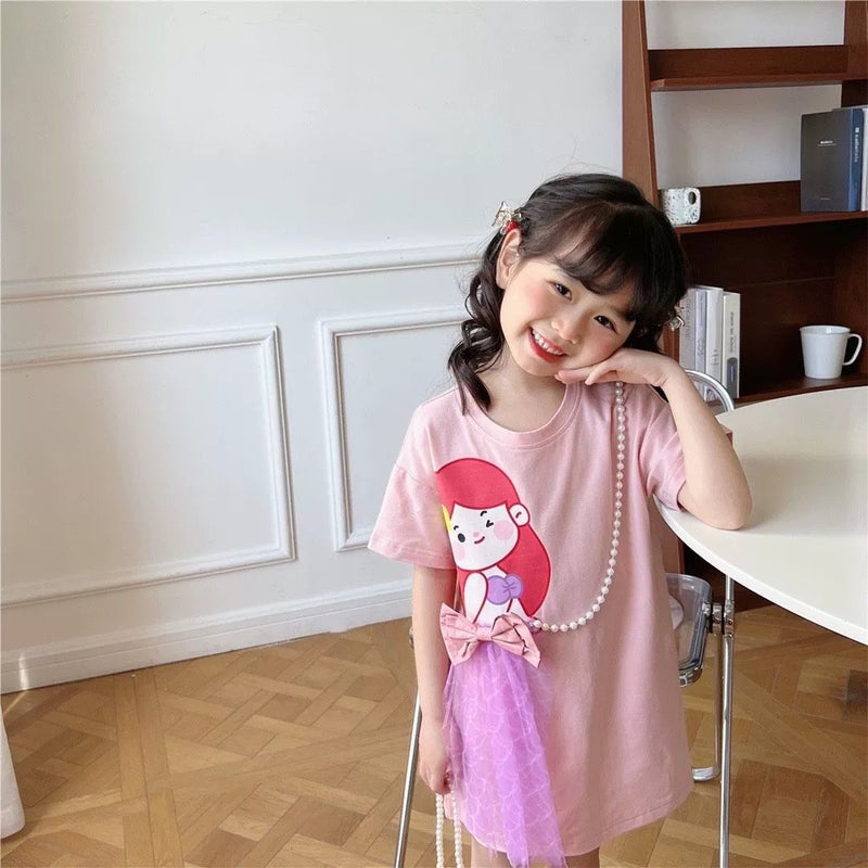Girls Summer Cartoon T-Shirt Dress with Pearl Mesh Pink 