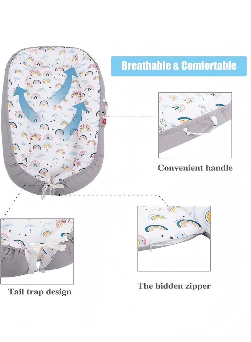 بيوينتي عش الطفل، كرسي أطفال مقاس 90 × 50 سم، وسادة سرير ناعمة مع وسادة، حقيبة قماط قطنية، لحاف أطفال محمول قابل للتعديل وجيد التهوية (قوس قزح بحافة رمادية) - Image 4