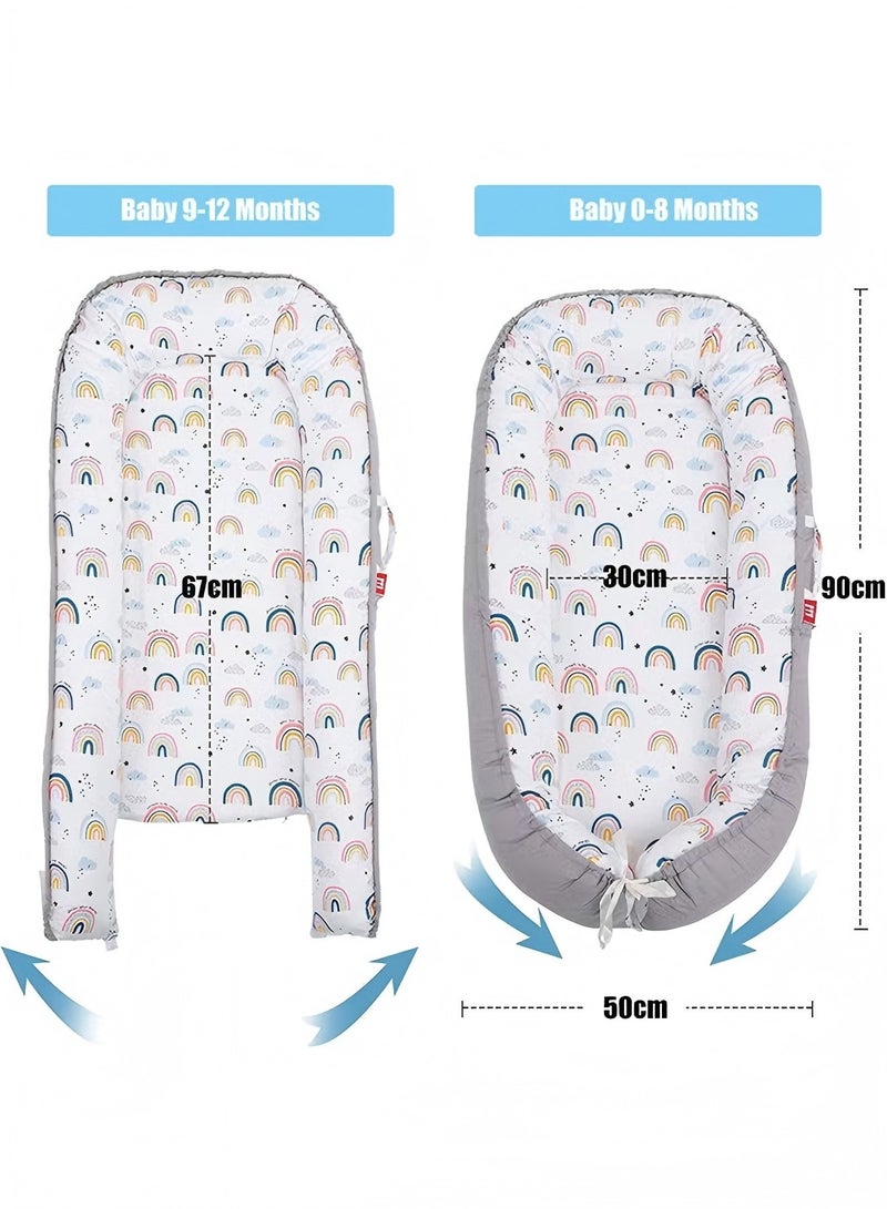 بيوينتي عش الطفل، كرسي أطفال مقاس 90 × 50 سم، وسادة سرير ناعمة مع وسادة، حقيبة قماط قطنية، لحاف أطفال محمول قابل للتعديل وجيد التهوية (قوس قزح بحافة رمادية) - Image 2