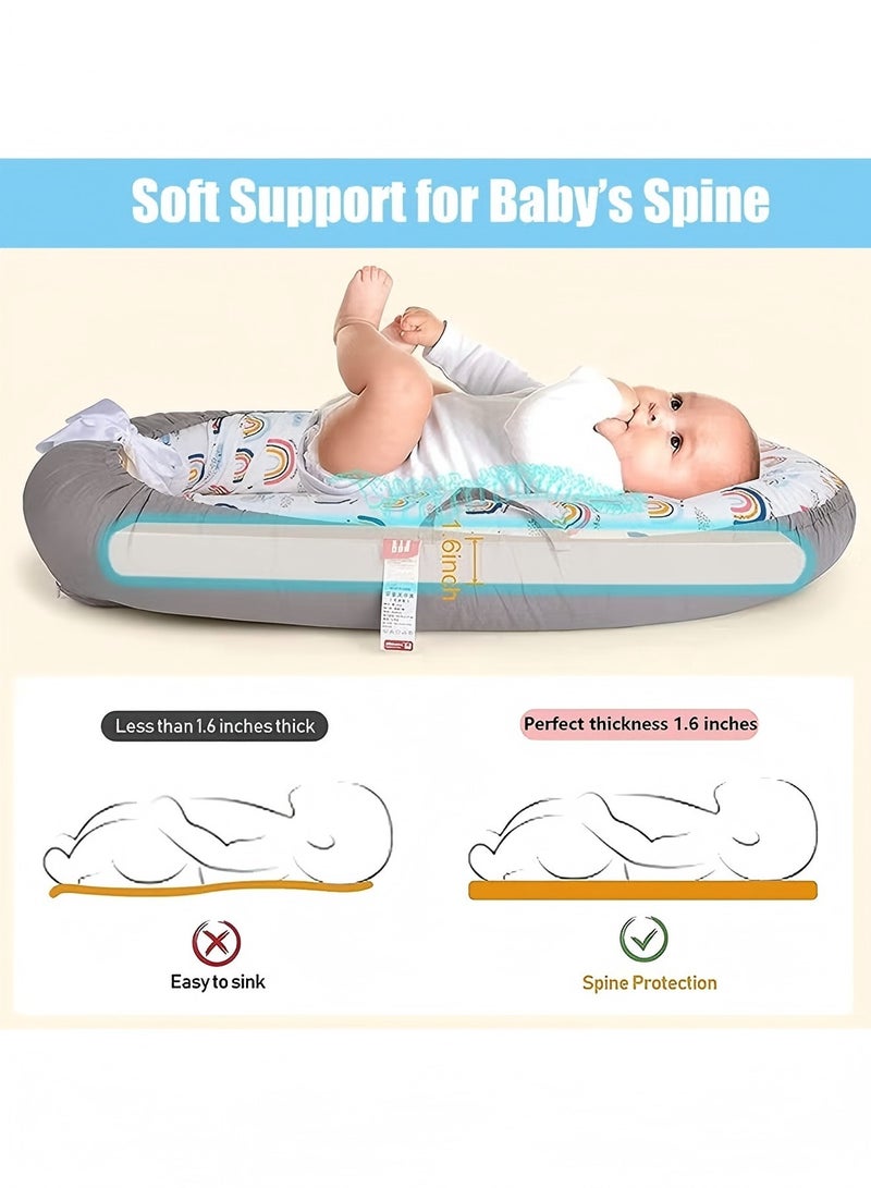 بيوينتي عش الطفل، كرسي أطفال مقاس 90 × 50 سم، وسادة سرير ناعمة مع وسادة، حقيبة قماط قطنية، لحاف أطفال محمول قابل للتعديل وجيد التهوية (قوس قزح بحافة رمادية) - Image 5