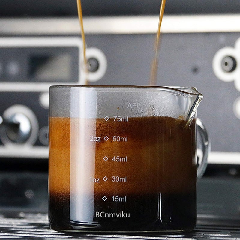 Espresso K Cups Clear Glass Coffee Mugs 2pcs Glass Creamer Jug Clear Coffee Measuring Shot Espresso Steaming Pitcher Measuring Cup for Kitchen 75ml Espresso K Cups Clear Glass Coffee Mugs - Image 2